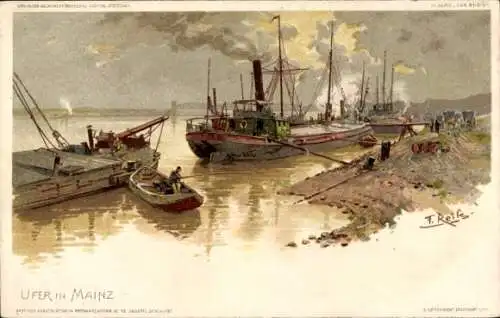 Künstler Litho Reiss, Mainz in Rheinland Pfalz, Flussufer, Schiff und Boote