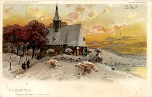 Künstler Litho Reiss, Fritz, Praha Prag, Wenzelskapelle, Schneelandschaft, Dämmerung