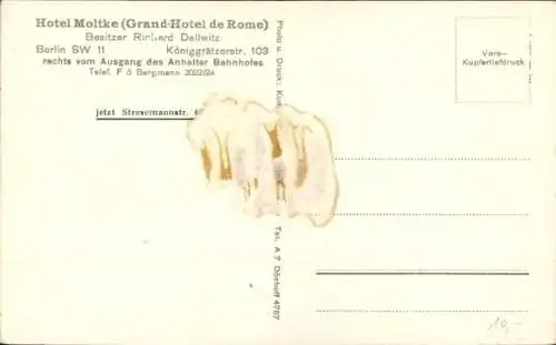 Ak Berlin Kreuzberg, Hotel Moltke, Grand Hotel de Rome, Eckansicht, Königgrätzer Str. 103