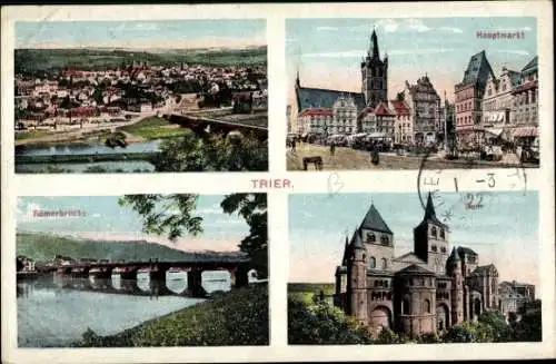 Ak Trier an der Mosel, Panorama, Römerbrücke, Hauptmarkt, Dom