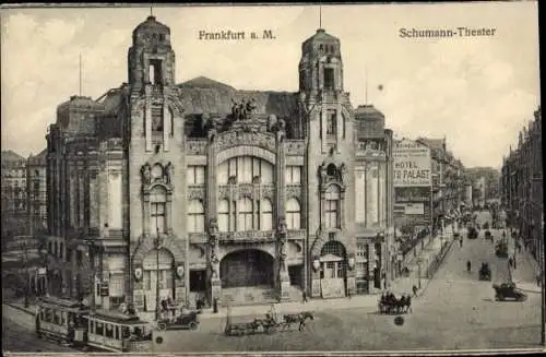 Ak Frankfurt am Main, Schumann-Theater, Straßenbahn, Hotel, Palast