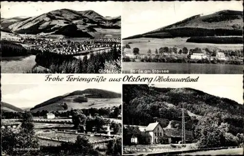 Ak Olsberg im Sauerland, Panorama, Stausee, Schwimmbad, Steinhelle im Ruhrtal