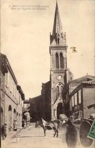 Ak Monferran Saves Gers, Rue de l'Eglise, Kirchturm