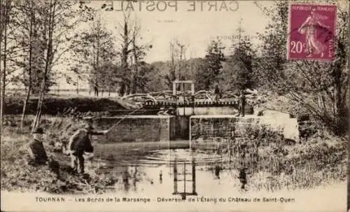 Ak Tournan en Brie Seine et Marne, Les Bords de la Marsange, Etang du Chateau de Saint-Quen, Angler