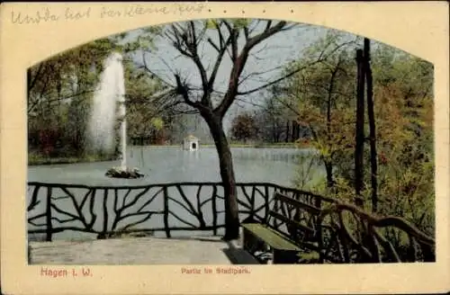 Ak Hagen in Westfalen, Stadtpark, Teilansicht, Fontäne