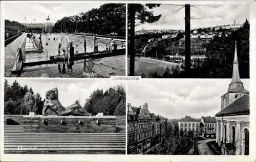 Ak Lüdenscheid im Märkischen Kreis, Gesamtansicht, Freibad, Ehrenmal, Kirche