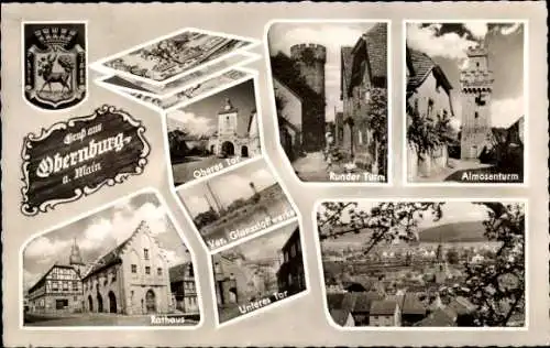 Ak Obernburg am Main Unterfranken, Runder Turm, Almosenturm, Rathaus, Wappen, Unteres Tor