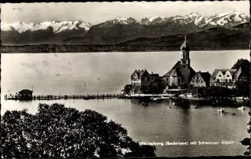 Ak Wasserburg am Bodensee Schwaben, Teilansicht, Schweizer Alpen