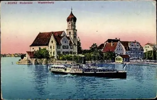 Ak Wasserburg am Bodensee Schwaben, Teilansicht, Dampfer