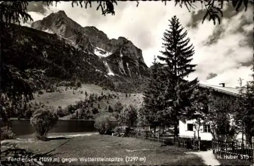 Ak Mittenwald in Oberbayern, Ferchensee, Wettersteinspitze, Wohnhaus