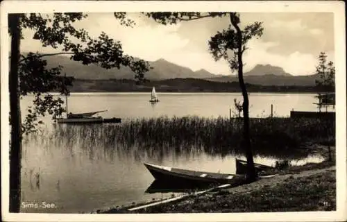 Ak Simssee Oberbayern, Ufer, Boote