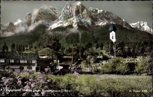 Ak Grainau in Oberbayern, Teilansicht, Zugspitzgruppe