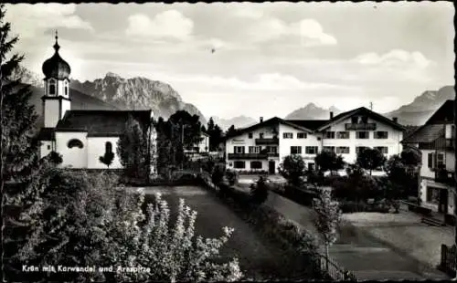 Ak Krün in Oberbayern, Teilansicht, Kirche, Karwendel, Arnspitzen