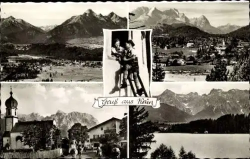 Ak Krün in Oberbayern, Panorama, Teilansicht, Kirche, Kind auf der Leiter