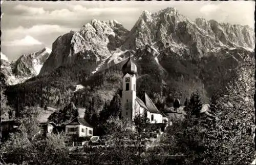 Ak Grainau in Oberbayern, Kirche, Waxensteine