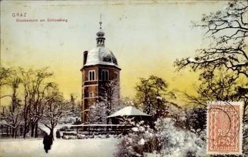 Ak Graz Steiermark, Glockenturm am Schlossberg, Winter