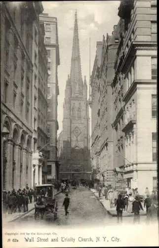 Ak New York City USA, Wall Street, Dreifaltigkeitskirche