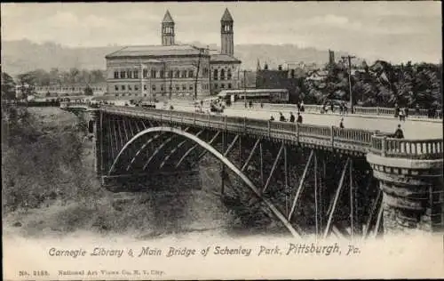 Ak Pittsburgh Pennsylvania USA, Carnegie Library, Hauptbrücke von Schenley Park