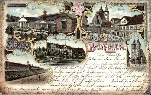 Litho Groß Salze Bad Elmen Salzelmen Schönebeck an der Elbe, Schwanenteich, Lindenbad, Gradierwerk