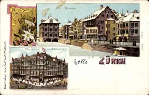 Litho Zürich Stadt Schweiz, Warenhaus, Rathausquai