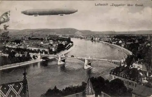 Ak Basel Stadt Schweiz, Panorama, Luftschiff Zeppelin über Stadt