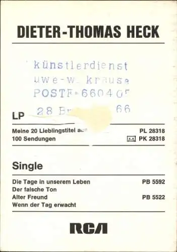 Ak Sänger Dieter Thomas Heck, Portrait, Autogramm