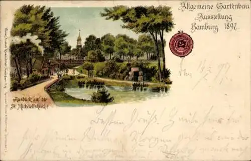 Litho Hamburg, Allg. Gartenbau Ausstellung 1897, St. Michaeliskirche, Anlagen