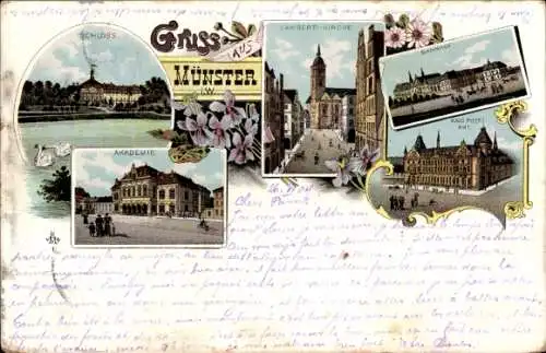 Litho Münster in Westfalen, Schloss, Lambertikirche, Bahnhof, Akademie, Kaiserliche Post