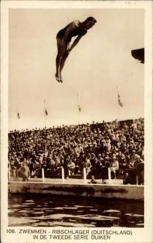 Ak Amsterdam, Olympia 1928, Turmspringer Ribschläger