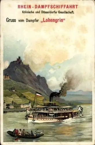 Litho Dampfer Lohengrin, Rhein Dampfschifffahrt, Kölnische und Düsseldorfer Gesellschaft