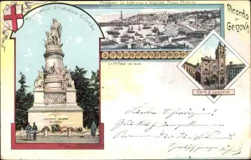 Litho Genova Genua Liguria, Monumento Cristoforo Colombo, S. Lorenzo, Stazione Piazza Prinzipe