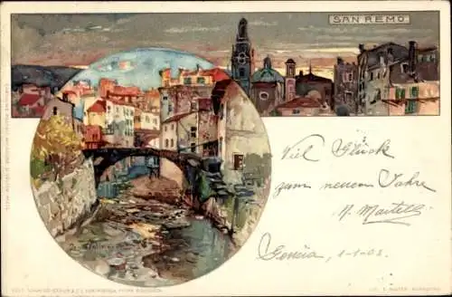 Künstler Litho Wielandt, Manuel, San Remo Liguria, Stadtpanorama bei Dämmerung, Brücke