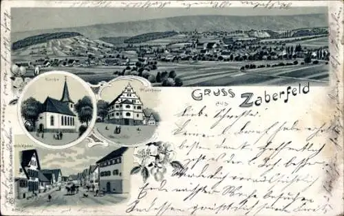 Litho Zaberfeld in Württemberg, Kirche, Pfarrhaus, Gesamtansicht