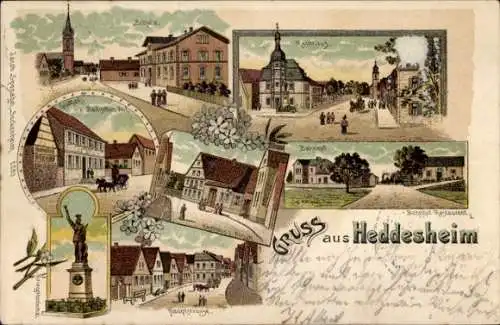 Litho Heddesheim in Baden, Rathaus, Schule, Gasthaus Zum Badischen Hof, Bahnhof