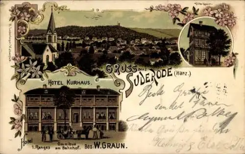 Litho Bad Suderode Quedlinburg im Harz, Panorama, Villa Graun, Hotel Kurhaus, Bes. W. Graun