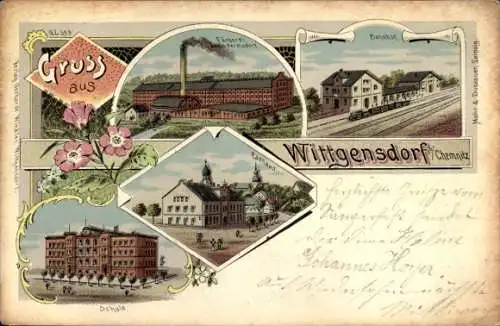 Litho Wittgensdorf Chemnitz in Sachsen, Rathaus, Bahnhof, Fabrik, Schule, Färberei