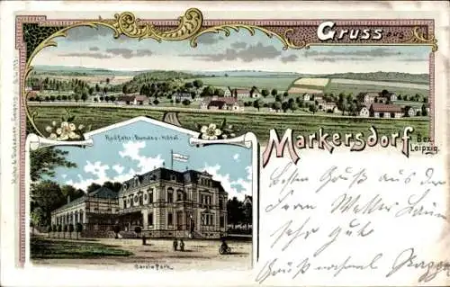 Litho Markersdorf Penig in Sachsen, Gesamtansicht, Radfahr-Bundes-Hotel