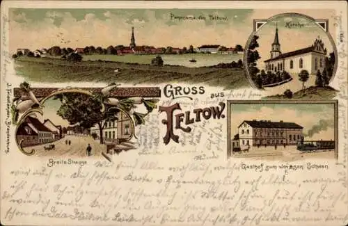 Litho Teltow in Brandenburg, Panorama, Breite Straße, Gasthof zum weißen Schwan, Kirche