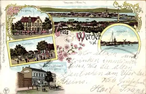 Litho Werder an der Havel, Panorama, Marktplatz, Gasthof, Mühlenbleck, Post