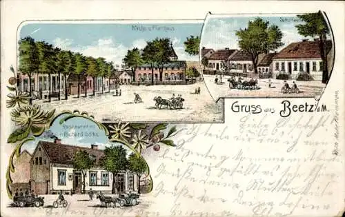 Litho Beetz Kremmen in Brandenburg, Kirche, Pfarrhaus, Restaurant