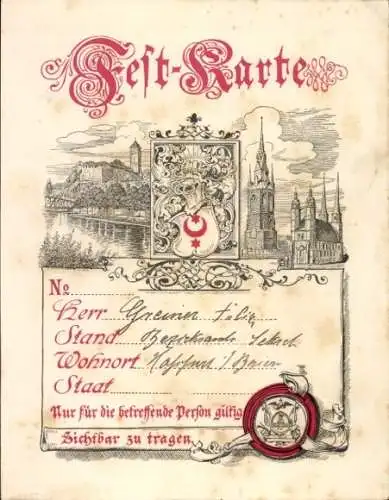 Litho Halle an der Saale, Festkarte, Gesamtansicht, Wappen, Ritterhelm