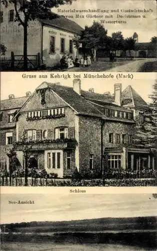 Ak Kehrigk Storkow in der Mark, Schloss, Materialwaren-Geschäft, Dorfstraße, Wasserturm