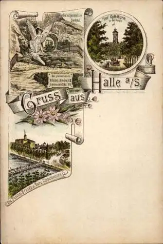 Litho Halle an der Saale, Kolkturm, Pontonbrücke, Burg Giebichenstein