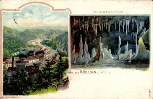 Litho Rübeland Oberharz am Brocken, Hermannshöhle, Innenansicht, Blick auf den Ort