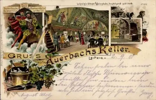 Litho Leipzig in Sachsen, Ansichten von Auerbachs Keller, Hexenküche, Faust Sage