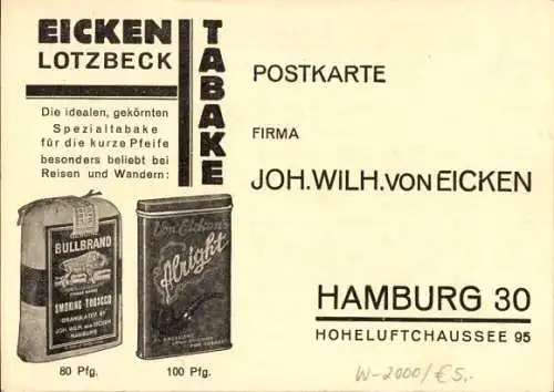 Ak Hamburg Mitte Altstadt, Firma Joh. Wilh. von Eicken, Tabake, Hoheluftchaussee 95