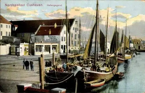 Ak Nordseebad Cuxhaven, Hafen, Restaurant Hafen-Haus, Fischerboote