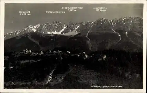 Ak Hungerburg Innsbruck Tirol, Hungerburgbahn, Kaminspitzen, Seegaubenspitze, Hafelekar, Kemacher