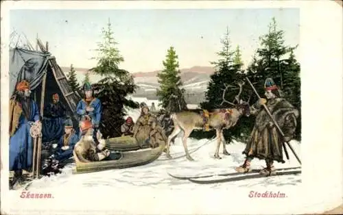 Ak Skansen, Schwedische Tracht, Rentier, Zelt, Schlitten