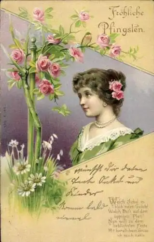 Litho Glückwunsch Pfingsten, Mädchen-Porträt, Blumen